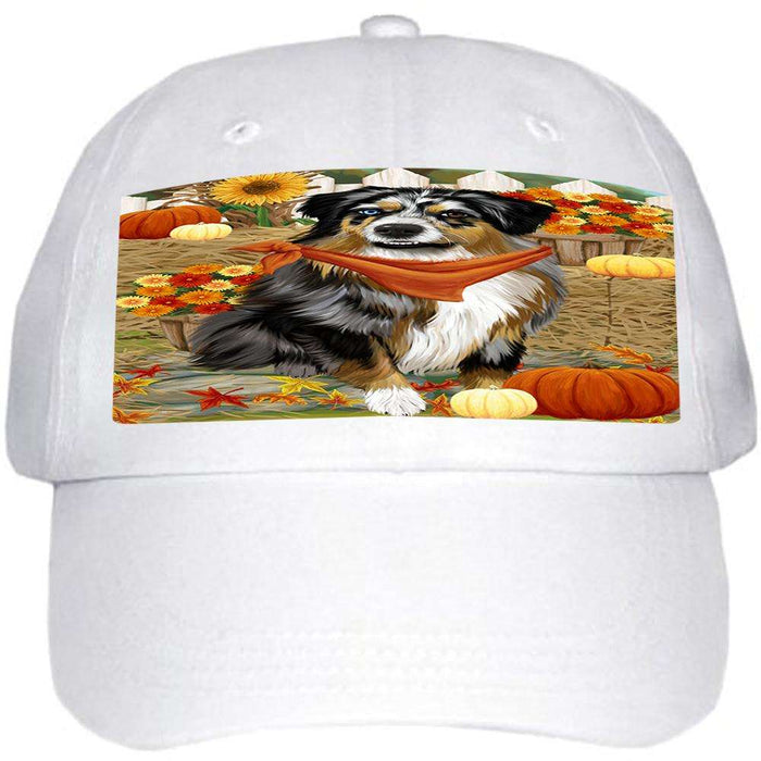 Fall Autumn Greeting Australian Shepherd Dog with Pumpkins Ball Hat Cap HAT55752