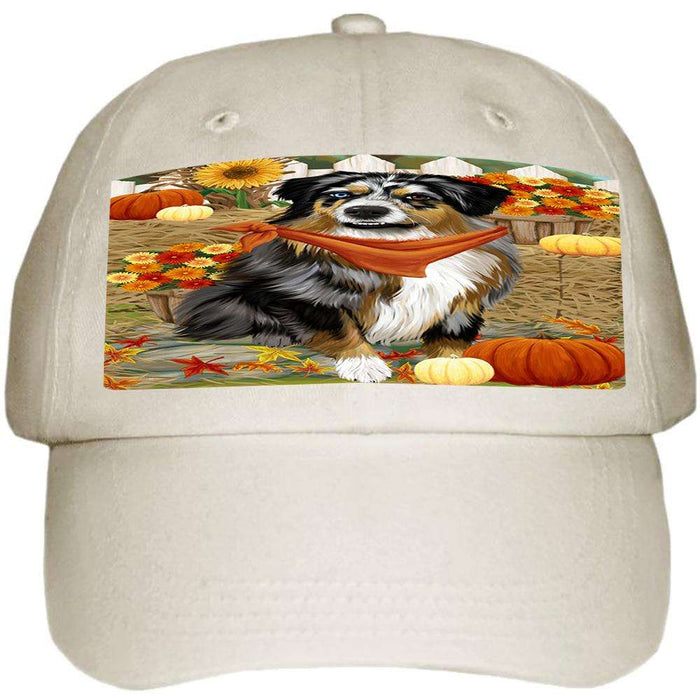 Fall Autumn Greeting Australian Shepherd Dog with Pumpkins Ball Hat Cap HAT55752