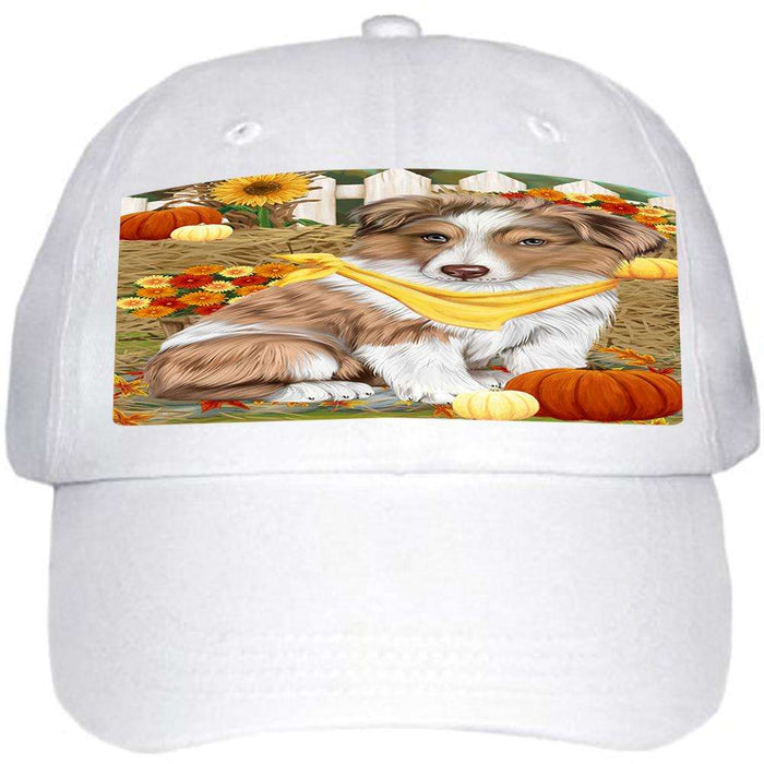 Fall Autumn Greeting Australian Shepherd Dog with Pumpkins Ball Hat Cap HAT55755