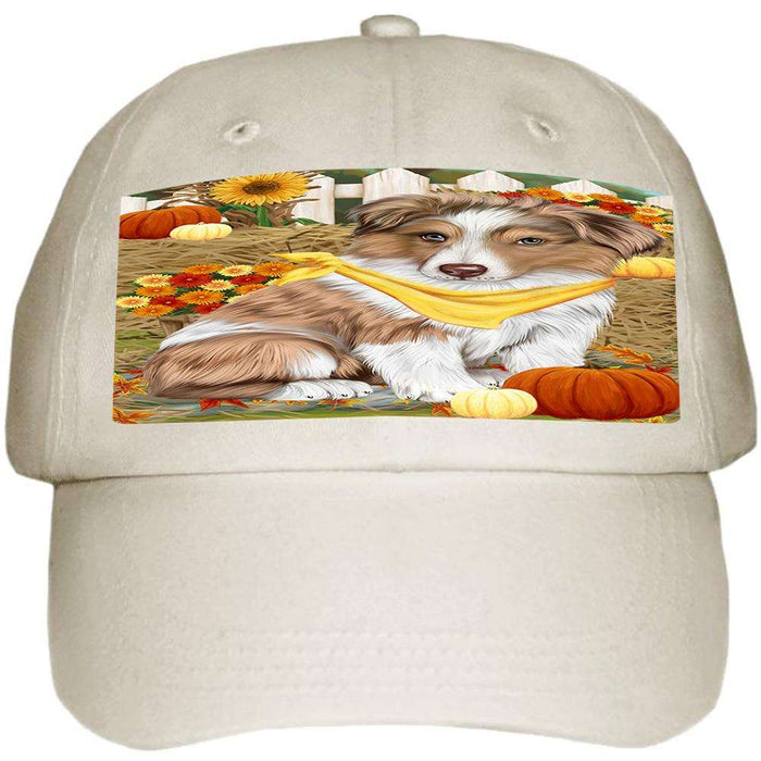Fall Autumn Greeting Australian Shepherd Dog with Pumpkins Ball Hat Cap HAT55755