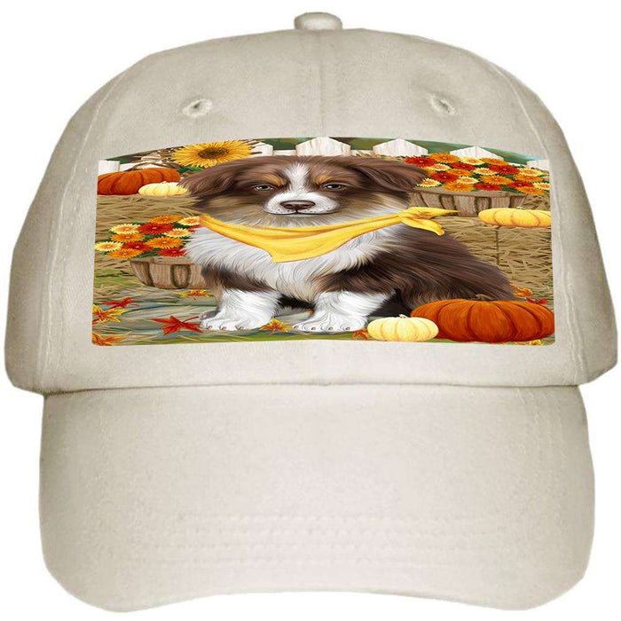 Fall Autumn Greeting Australian Shepherd Dog with Pumpkins Ball Hat Cap HAT55758