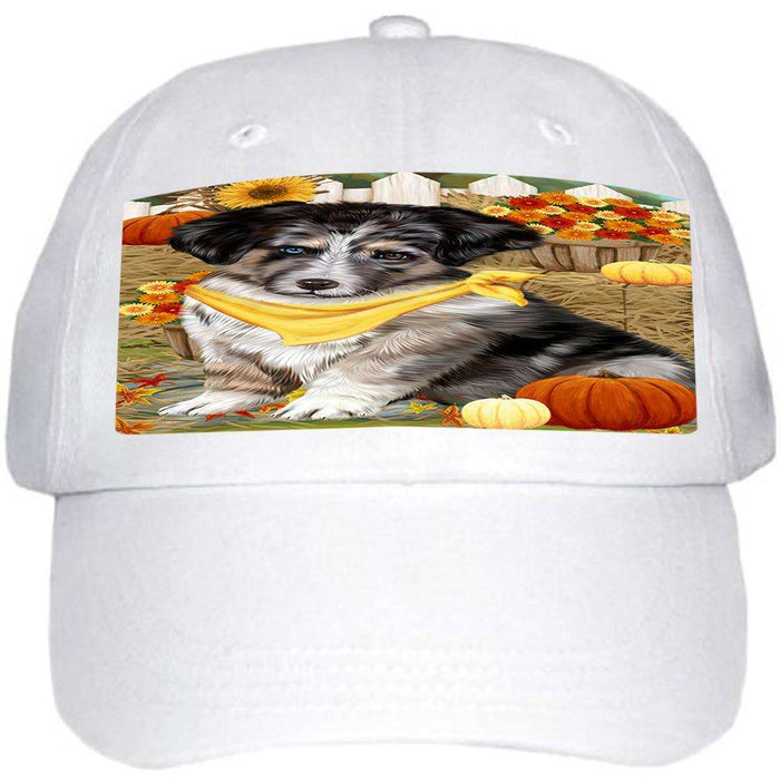 Fall Autumn Greeting Australian Shepherd Dog with Pumpkins Ball Hat Cap HAT55761