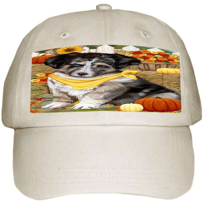 Fall Autumn Greeting Australian Shepherd Dog with Pumpkins Ball Hat Cap HAT55761