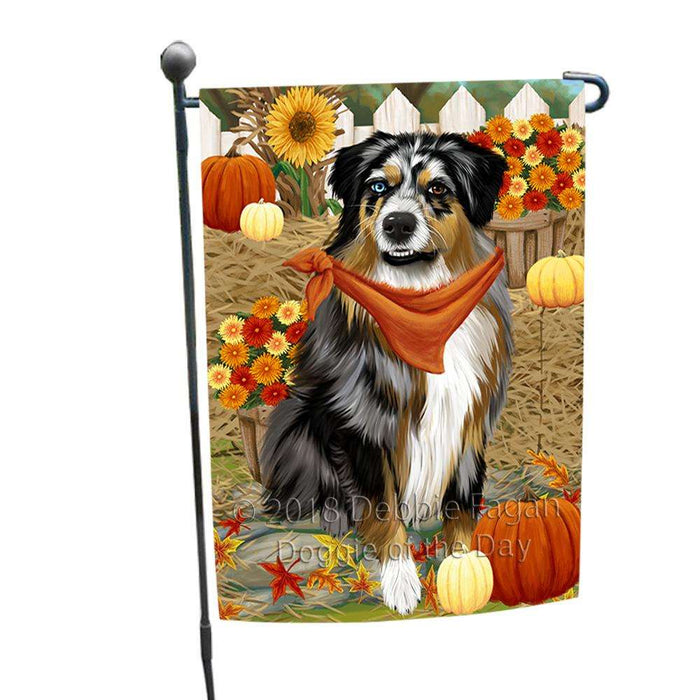 Fall Autumn Greeting Australian Shepherd Dog with Pumpkins Garden Flag GFLG0554