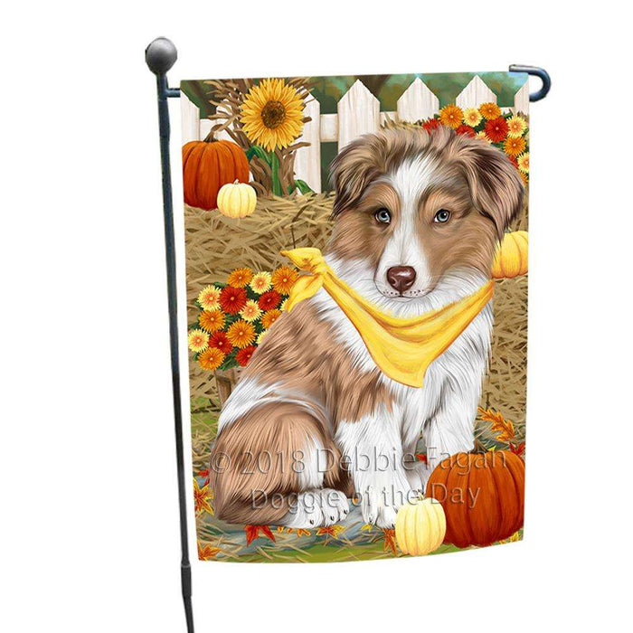 Fall Autumn Greeting Australian Shepherd Dog with Pumpkins Garden Flag GFLG0555