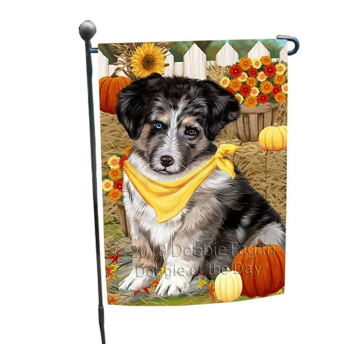 Fall Autumn Greeting Australian Shepherd Dog with Pumpkins Garden Flag GFLG0557