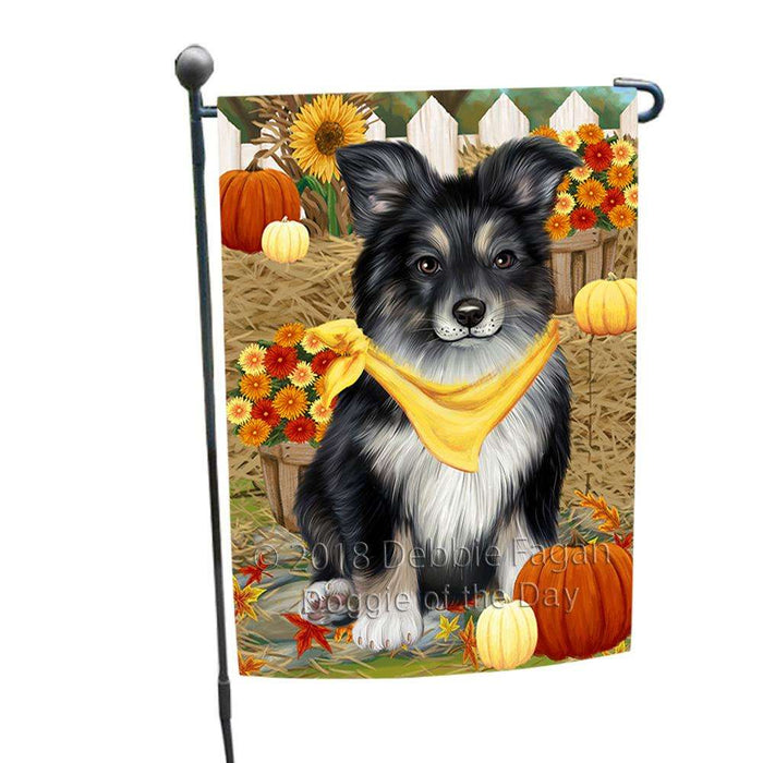 Fall Autumn Greeting Australian Shepherd Dog with Pumpkins Garden Flag GFLG0558
