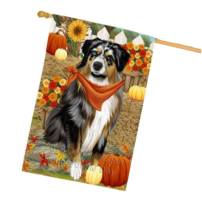 Fall Autumn Greeting Australian Shepherd Dog with Pumpkins House Flag FLG50690