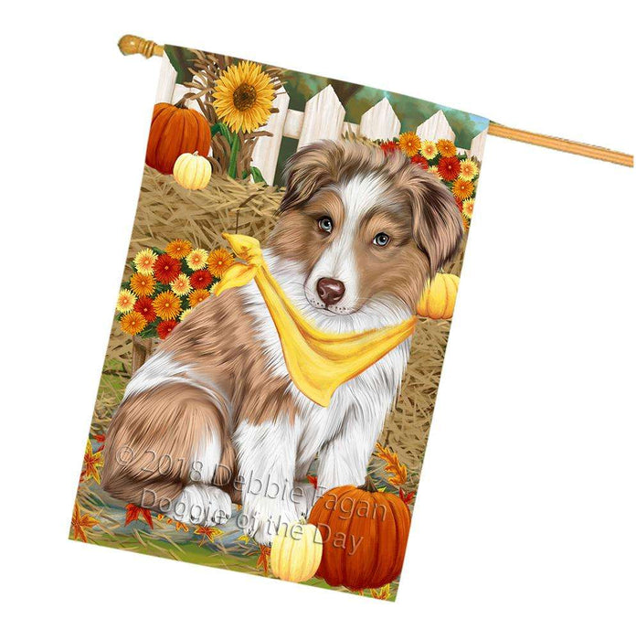 Fall Autumn Greeting Australian Shepherd Dog with Pumpkins House Flag FLG50691