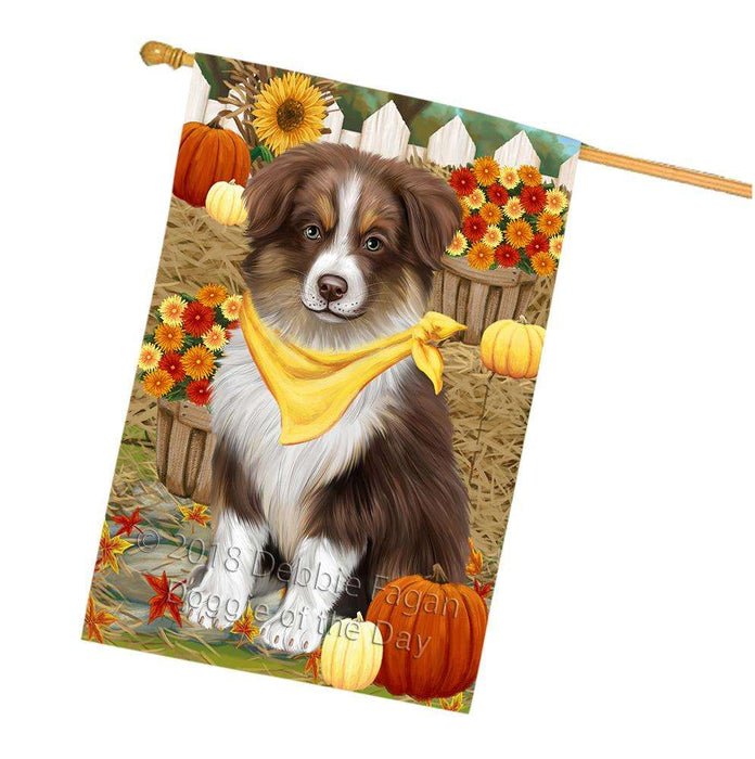 Fall Autumn Greeting Australian Shepherd Dog with Pumpkins House Flag FLG50692