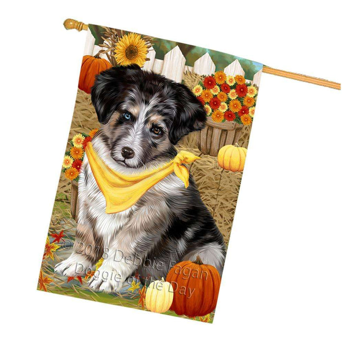 Fall Autumn Greeting Australian Shepherd Dog with Pumpkins House Flag FLG50693