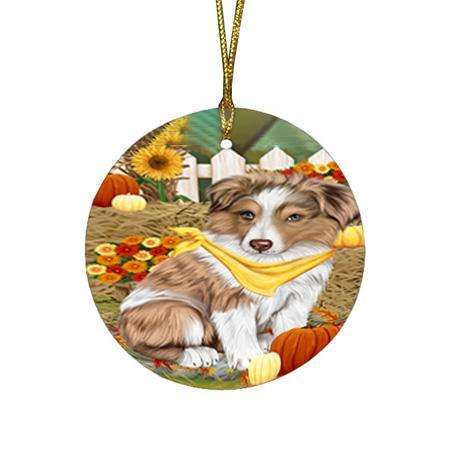 Fall Autumn Greeting Australian Shepherd Dog with Pumpkins Round Flat Christmas Ornament RFPOR50653