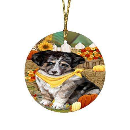 Fall Autumn Greeting Australian Shepherd Dog with Pumpkins Round Flat Christmas Ornament RFPOR50655