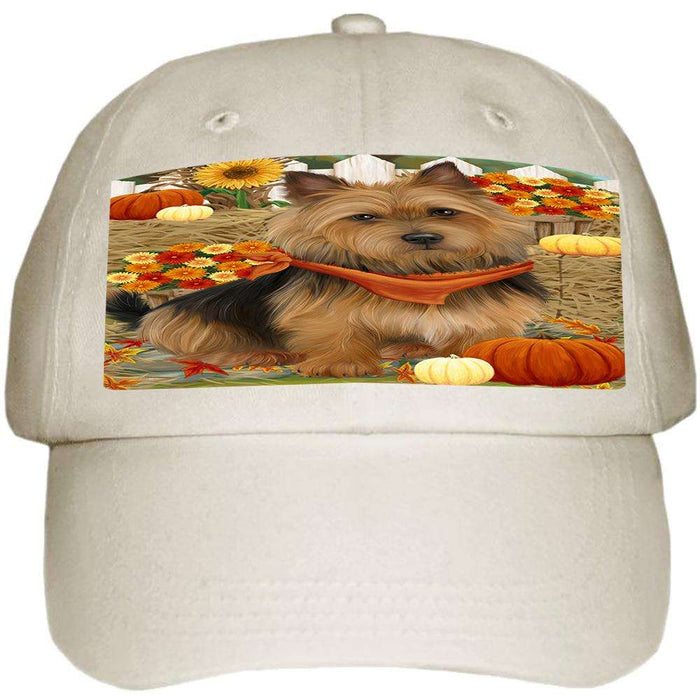 Fall Autumn Greeting Australian Terrier Dog with Pumpkins Ball Hat Cap HAT60636