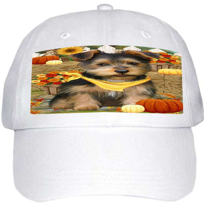 Fall Autumn Greeting Australian Terrier Dog with Pumpkins Ball Hat Cap HAT60639