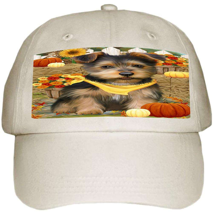 Fall Autumn Greeting Australian Terrier Dog with Pumpkins Ball Hat Cap HAT60639