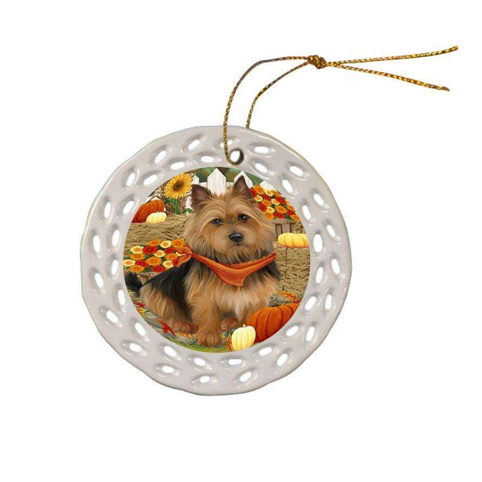 Fall Autumn Greeting Australian Terrier Dog with Pumpkins Ceramic Doily Ornament DPOR52301