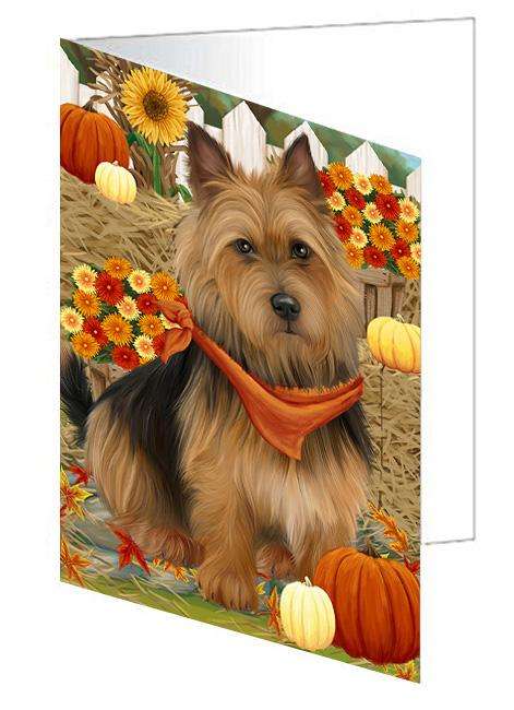 Fall Autumn Greeting Australian Terrier Dog with Pumpkins Handmade Artwork Assorted Pets Greeting Cards and Note Cards with Envelopes for All Occasions and Holiday Seasons GCD60932
