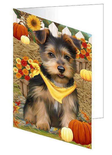 Fall Autumn Greeting Australian Terrier Dog with Pumpkins Handmade Artwork Assorted Pets Greeting Cards and Note Cards with Envelopes for All Occasions and Holiday Seasons GCD60935
