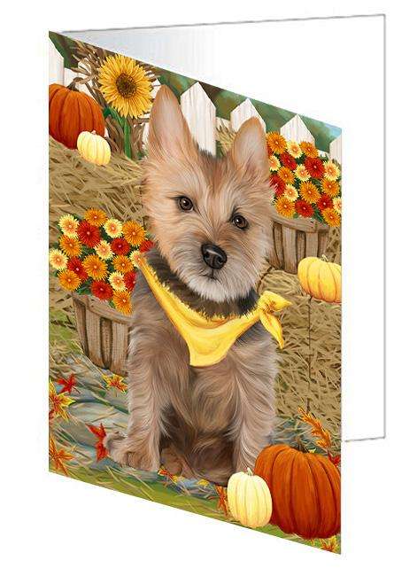 Fall Autumn Greeting Australian Terrier Dog with Pumpkins Handmade Artwork Assorted Pets Greeting Cards and Note Cards with Envelopes for All Occasions and Holiday Seasons GCD60938