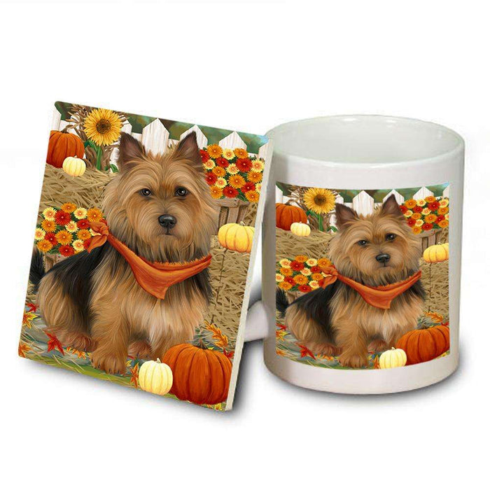 Fall Autumn Greeting Australian Terrier Dog with Pumpkins Mug and Coaster Set MUC52293