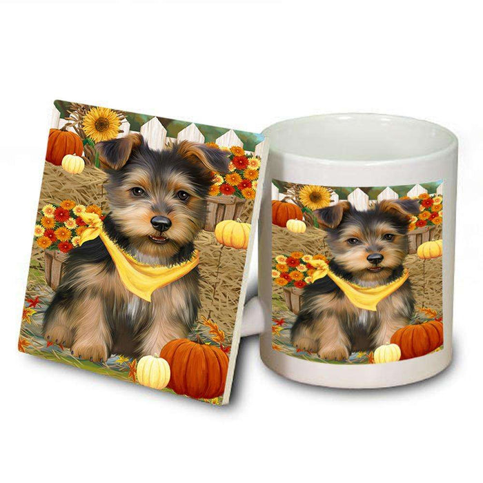 Fall Autumn Greeting Australian Terrier Dog with Pumpkins Mug and Coaster Set MUC52294