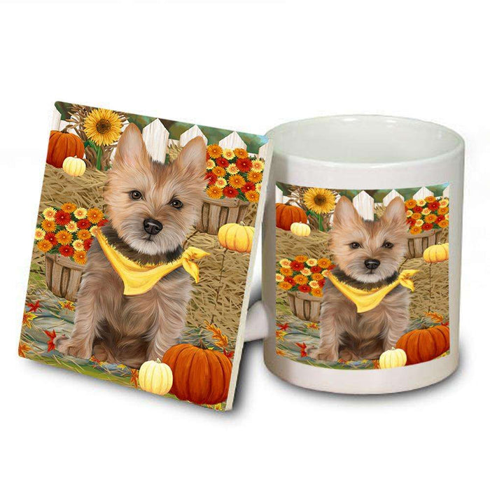 Fall Autumn Greeting Australian Terrier Dog with Pumpkins Mug and Coaster Set MUC52295