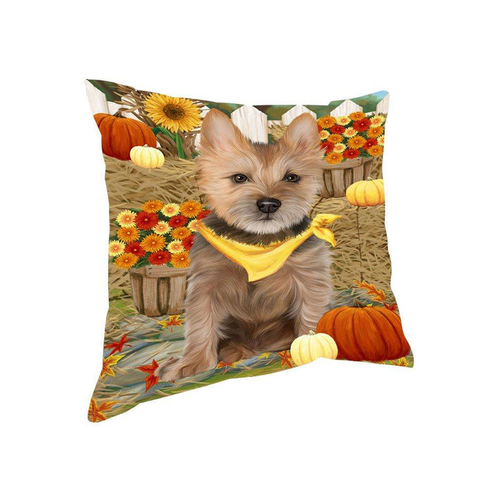 Fall Autumn Greeting Australian Terrier Dog with Pumpkins Pillow PIL65368