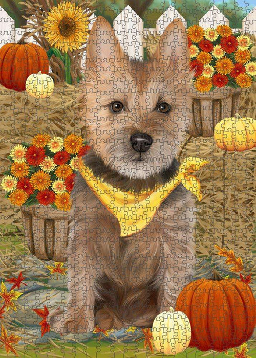 Fall Autumn Greeting Australian Terrier Dog with Pumpkins Puzzle with Photo Tin PUZL60840