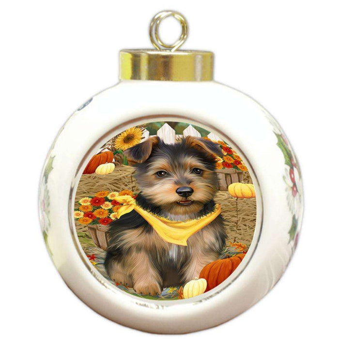 Fall Autumn Greeting Australian Terrier Dog with Pumpkins Round Ball Christmas Ornament RBPOR52302