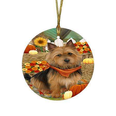 Fall Autumn Greeting Australian Terrier Dog with Pumpkins Round Flat Christmas Ornament RFPOR52292