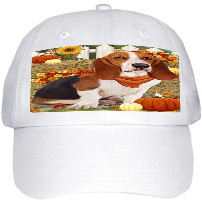 Fall Autumn Greeting Basset Hound Dog with Pumpkins Ball Hat Cap HAT55767