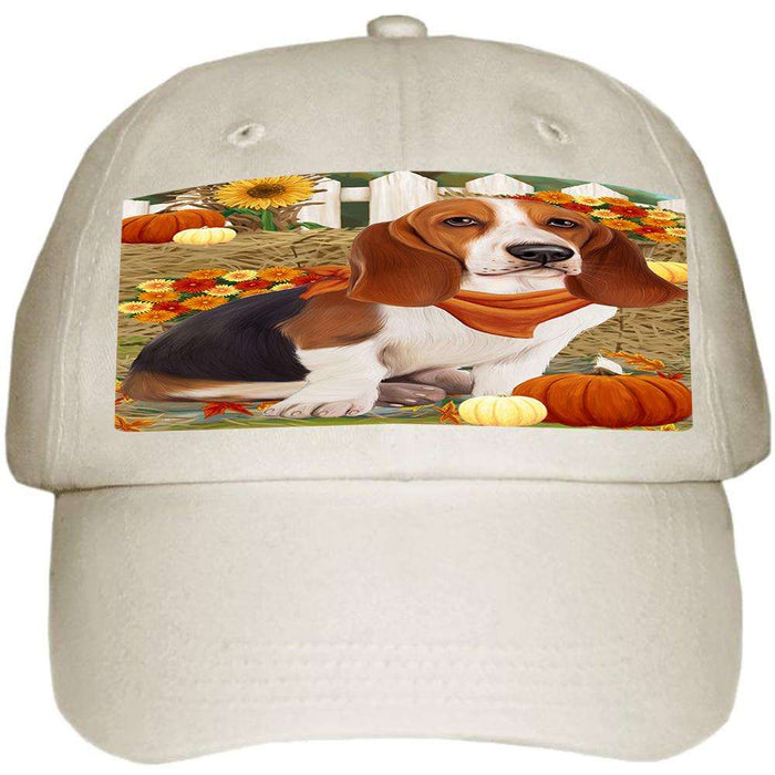 Fall Autumn Greeting Basset Hound Dog with Pumpkins Ball Hat Cap HAT55767