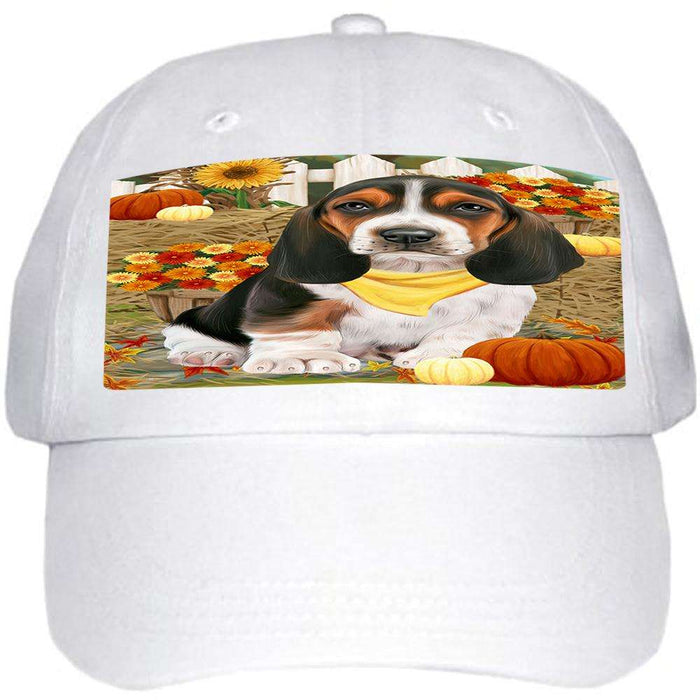 Fall Autumn Greeting Basset Hound Dog with Pumpkins Ball Hat Cap HAT55770