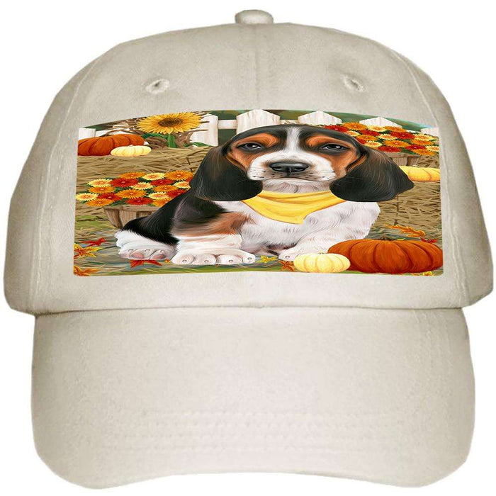 Fall Autumn Greeting Basset Hound Dog with Pumpkins Ball Hat Cap HAT55770