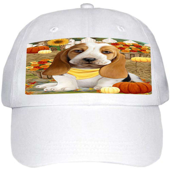 Fall Autumn Greeting Basset Hound Dog with Pumpkins Ball Hat Cap HAT55773