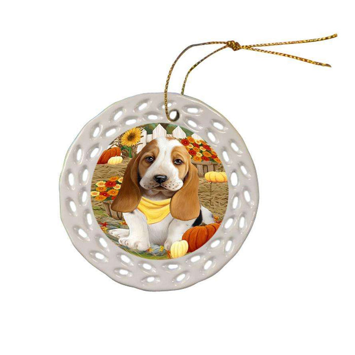 Fall Autumn Greeting Basset Hound Dog with Pumpkins Ceramic Doily Ornament DPOR50668