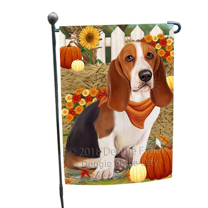 Fall Autumn Greeting Basset Hound Dog with Pumpkins Garden Flag GFLG0559