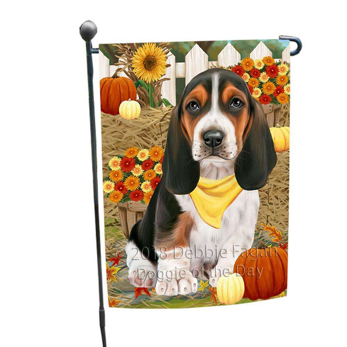 Fall Autumn Greeting Basset Hound Dog with Pumpkins Garden Flag GFLG0560