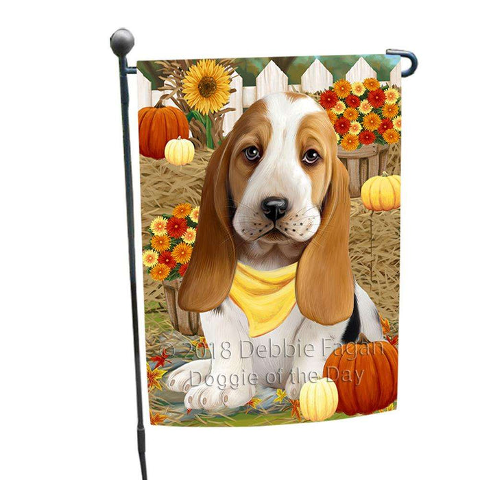 Fall Autumn Greeting Basset Hound Dog with Pumpkins Garden Flag GFLG0561