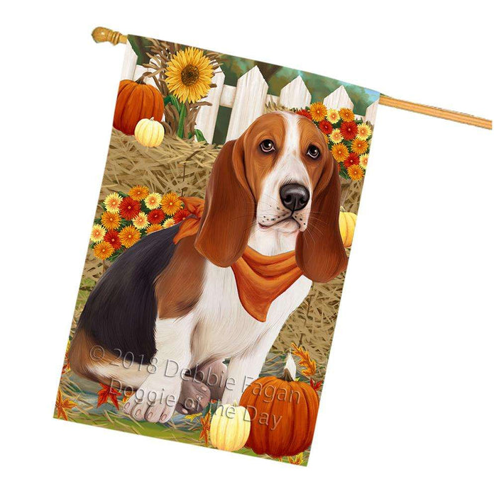 Fall Autumn Greeting Basset Hound Dog with Pumpkins House Flag FLG50695