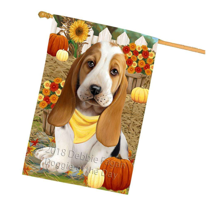 Fall Autumn Greeting Basset Hound Dog with Pumpkins House Flag FLG50697