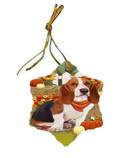 Fall Autumn Greeting Basset Hound Dog with Pumpkins Star Porcelain Ornament SPOR50658