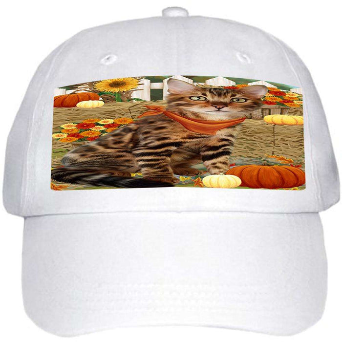 Fall Autumn Greeting Bengal Cat with Pumpkins Ball Hat Cap HAT60645