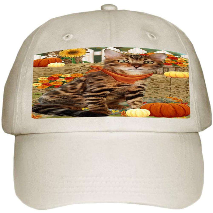 Fall Autumn Greeting Bengal Cat with Pumpkins Ball Hat Cap HAT60645