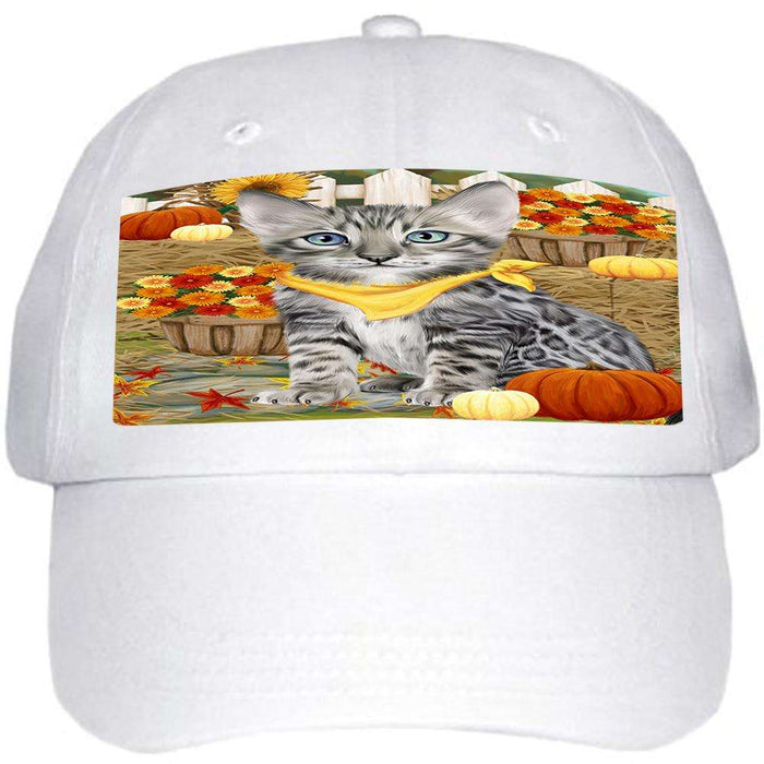 Fall Autumn Greeting Bengal Cat with Pumpkins Ball Hat Cap HAT60648