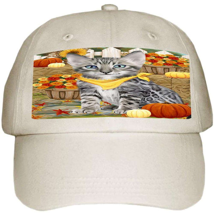 Fall Autumn Greeting Bengal Cat with Pumpkins Ball Hat Cap HAT60648