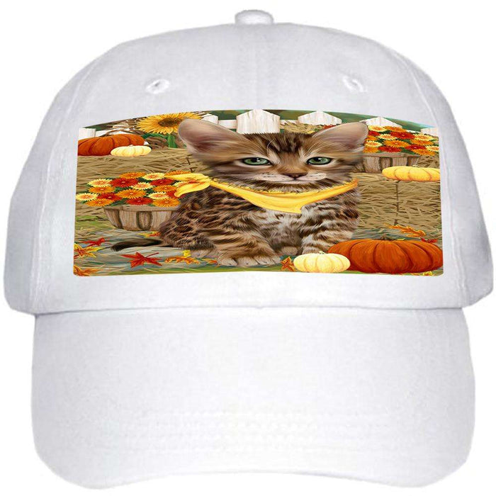 Fall Autumn Greeting Bengal Cat with Pumpkins Ball Hat Cap HAT60651