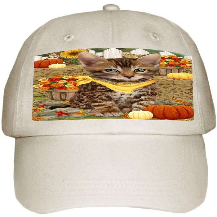 Fall Autumn Greeting Bengal Cat with Pumpkins Ball Hat Cap HAT60651