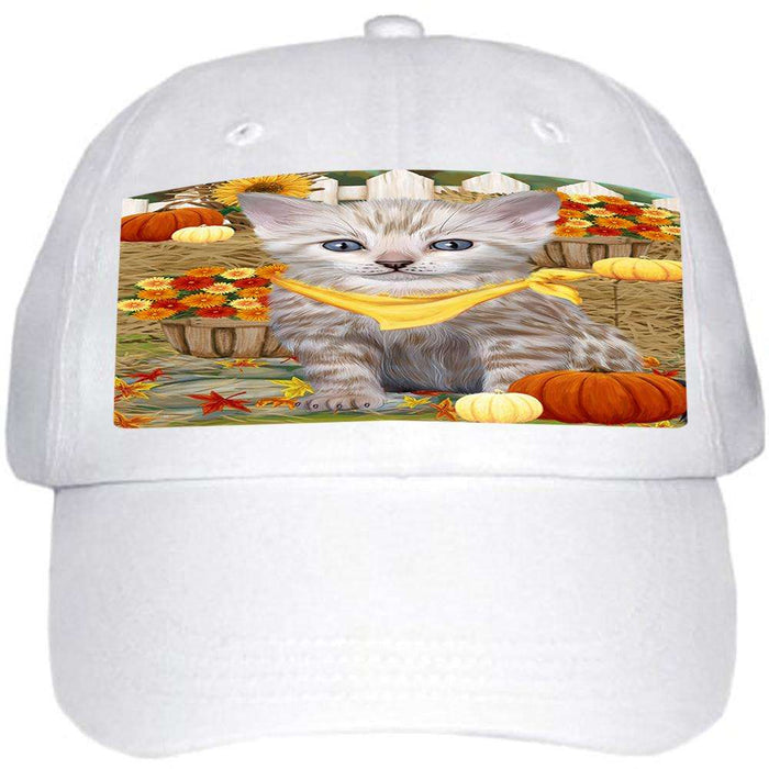 Fall Autumn Greeting Bengal Cat with Pumpkins Ball Hat Cap HAT60654